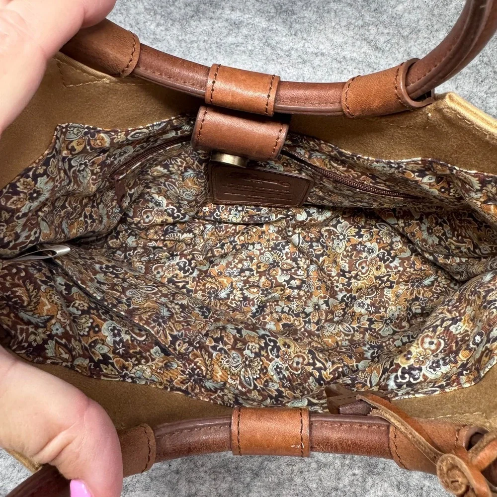 Fossil Canvas Handbag Leather Trim Circle Ring Handles Boho Hobo Wood Key